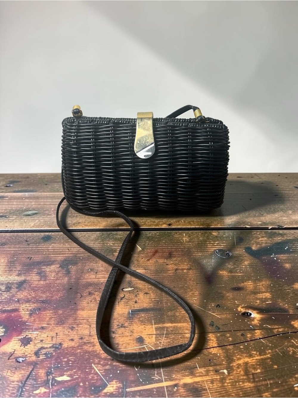 Black Woven Wicker Crossbody Clutch Gold Clasp Bag